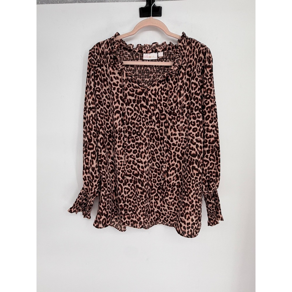 Belle by Kim Gravel Leopard Print Smocked Ruffle Neck Blouse Brown Tan 1X